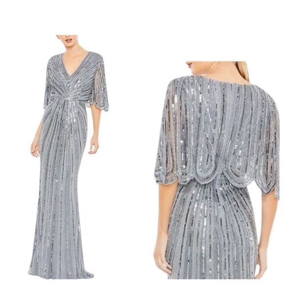 Mac Duggal 93583 Cape Sleeve Sequin Gown in Slate Blue | Size 8 - Picture 1 of 11